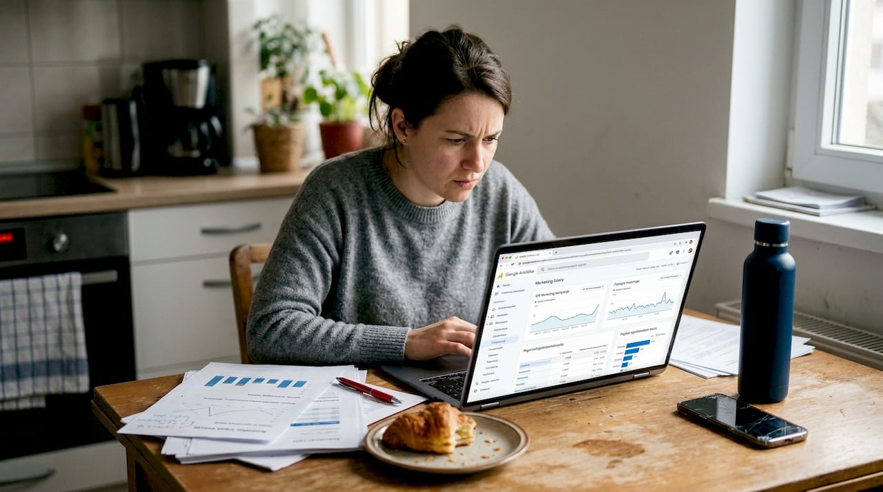 Ženska za kuhinjsko mizo pregleduje rezultate svojih marketinških kampanj.