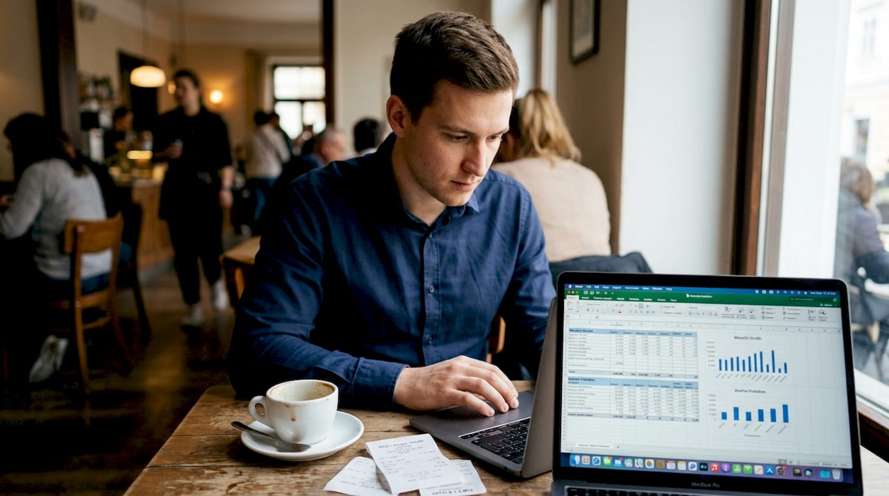 Trgovec si v miru kavarne ogleduje poslovne tabele.