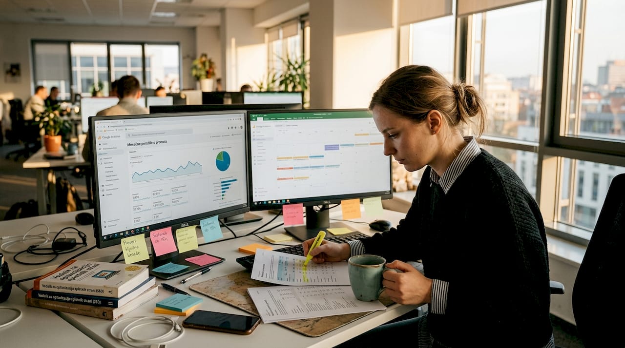 Strokovnjak za digitalni marketing preučuje rezultate in kakovost SEO vsebin.