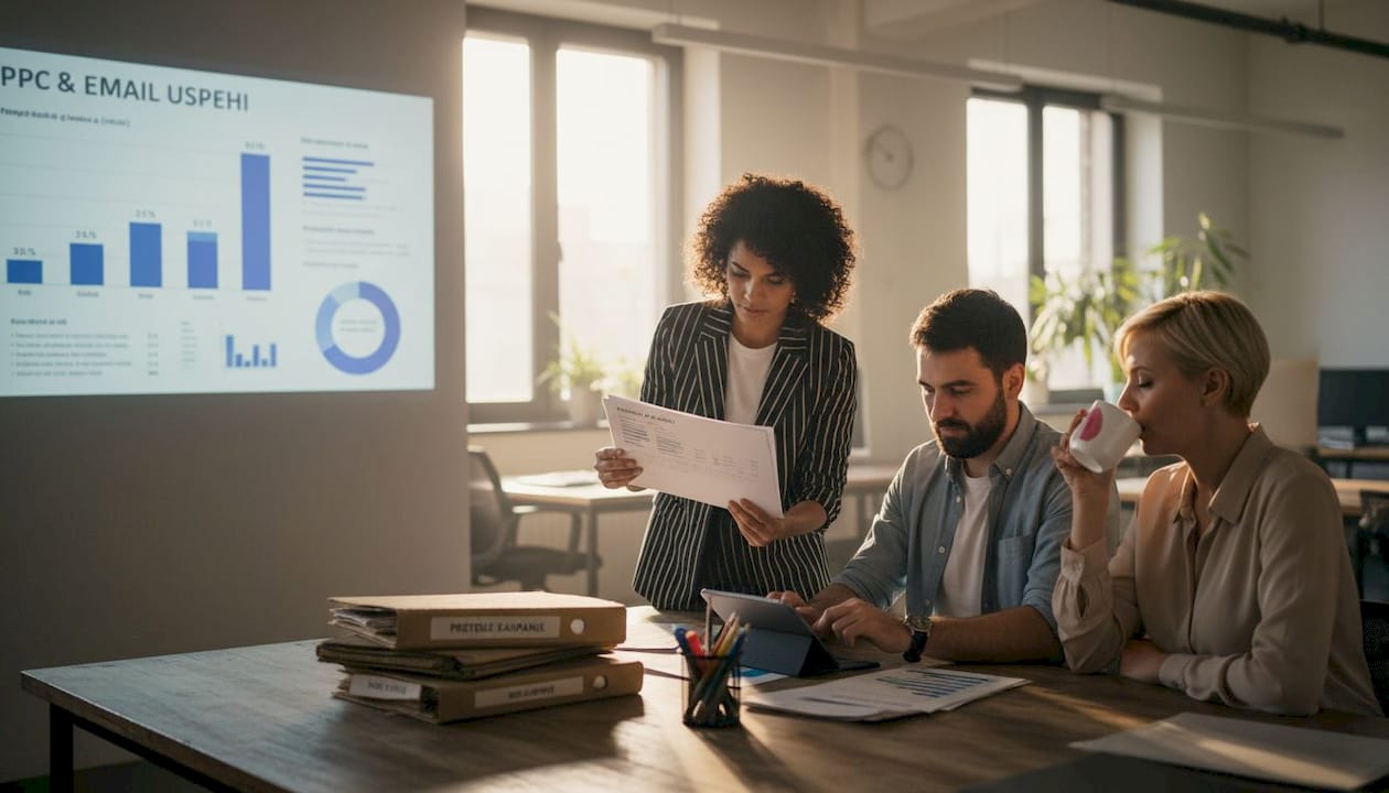 Ekipa pregleduje rezultate oglaševalskih kampanj na spletu in učinkovitost e-poštnega marketinga.