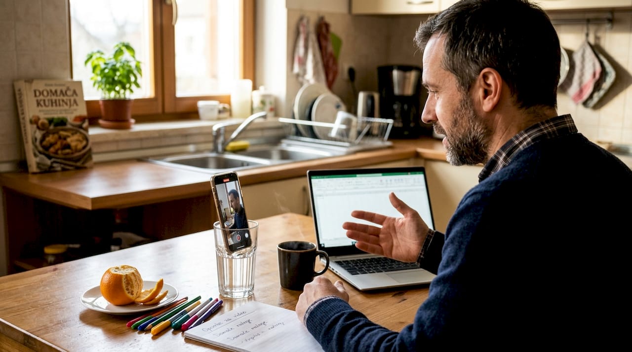 Moški za kuhinjsko mizo snema predstavitev izdelka.