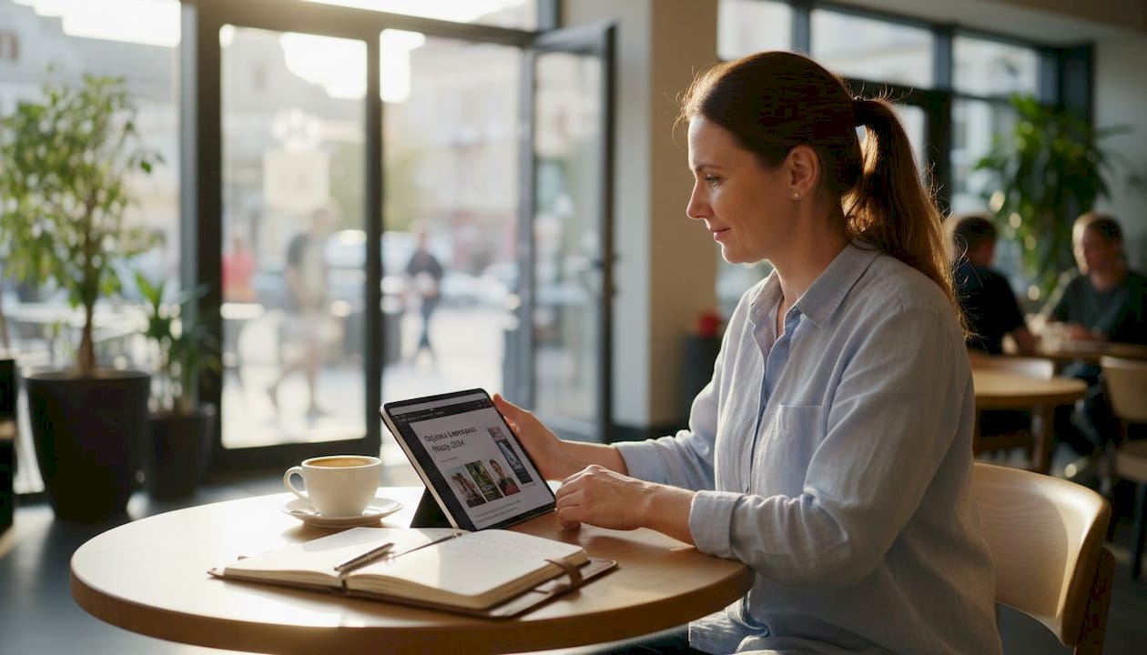 Mlajša ženska s prenosnikom sedi v kavarni in pripravlja strategijo za novo oglaševalsko kampanjo.