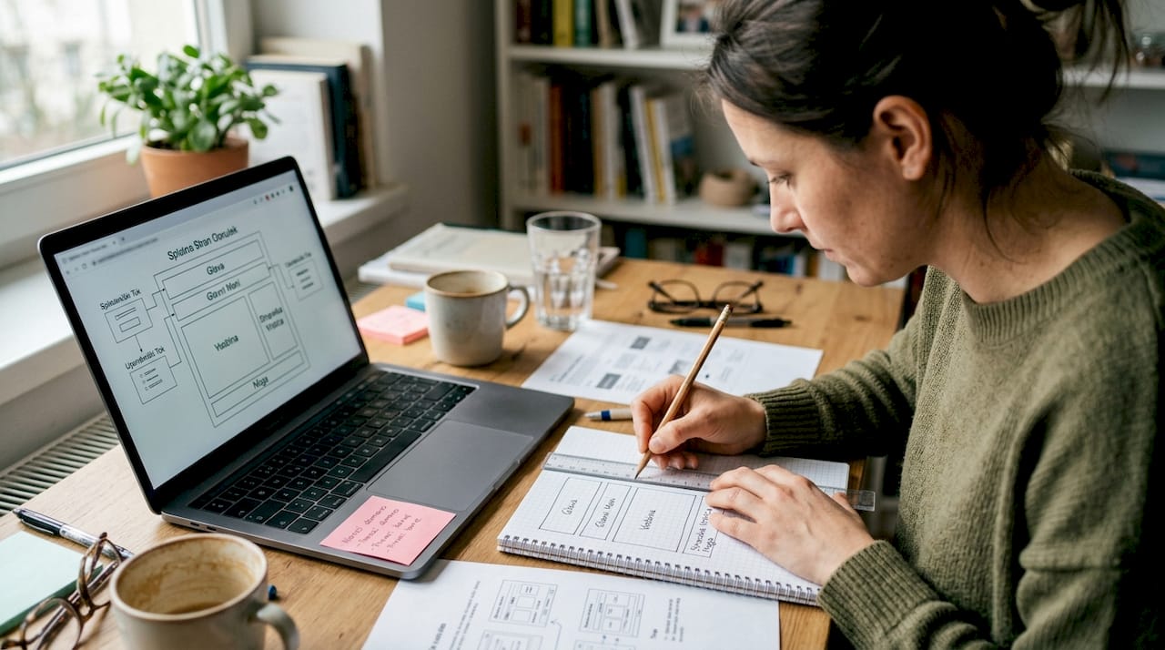 Oblikovalec za mizo riše osnutke postavitve spletne strani.