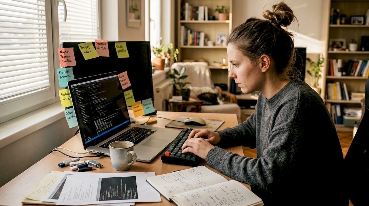 Razvijalec zalednih sistemov odpravlja tehnične dolgove iz domače pisarne.