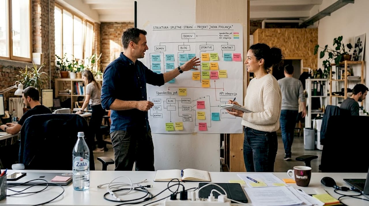 Ekipa si pri načrtovanju vsebine pomaga z miselnim vzorcem, ki ga rišejo na tablo.