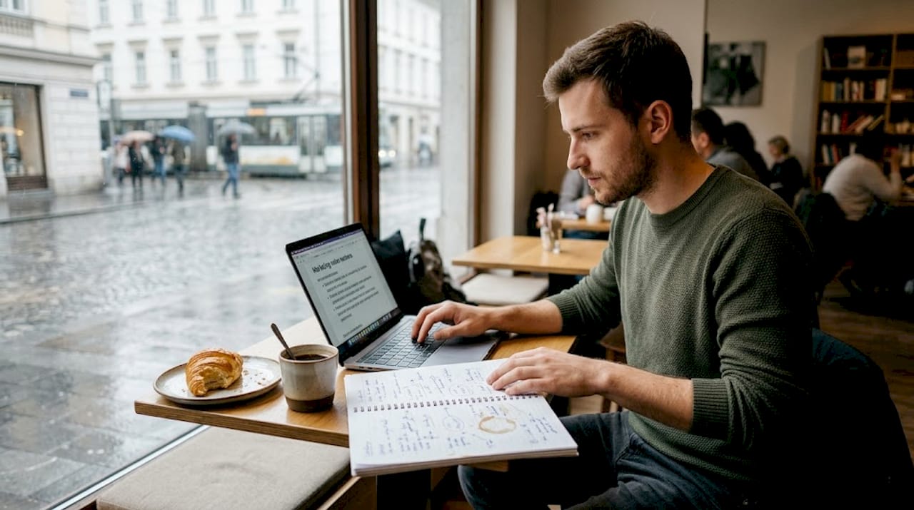 Ustvarjalec vsebin išče navdih za nove ideje ob skodelici kave v priljubljeni kavarni.