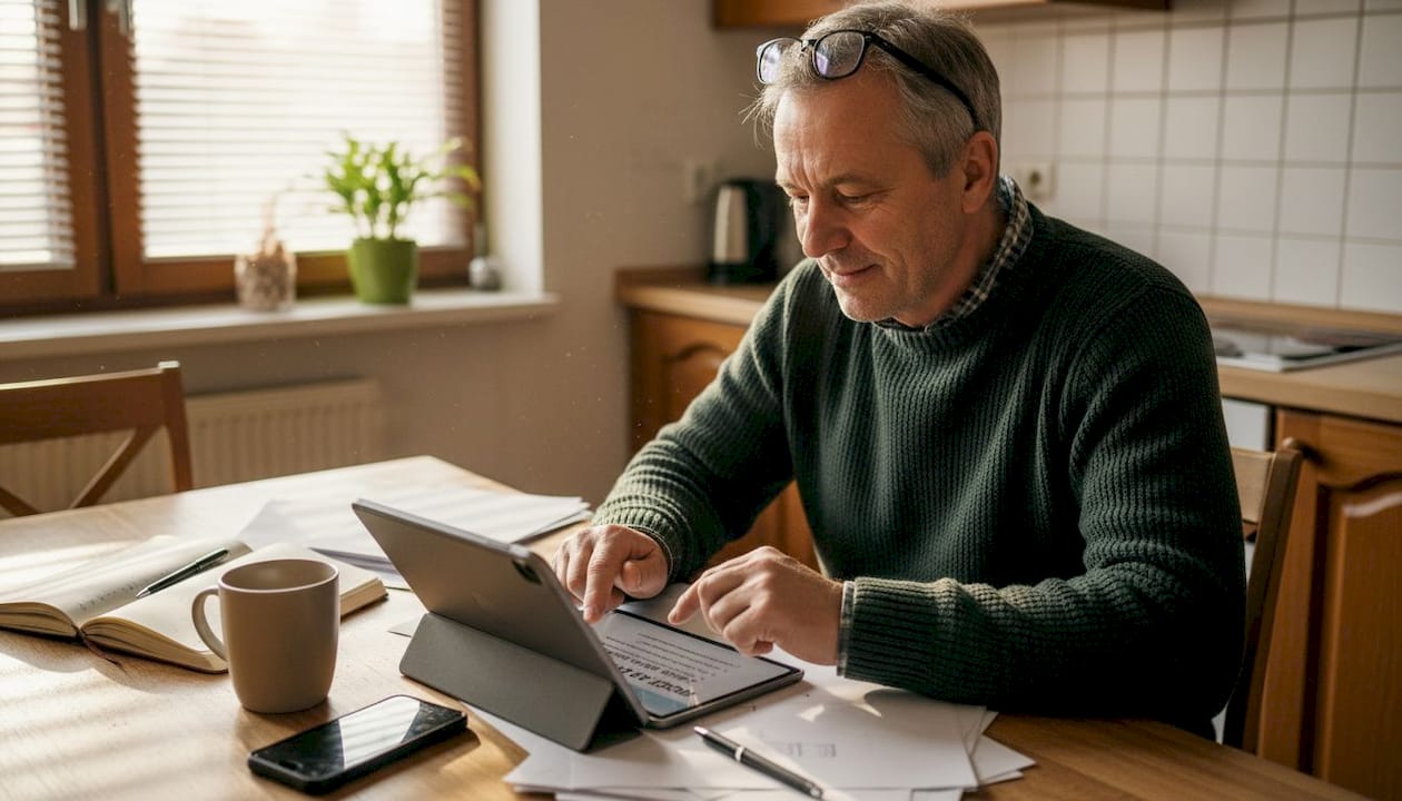 Moški za kuhinjsko mizo pripravlja načrt za vsebine o nepremičninah.