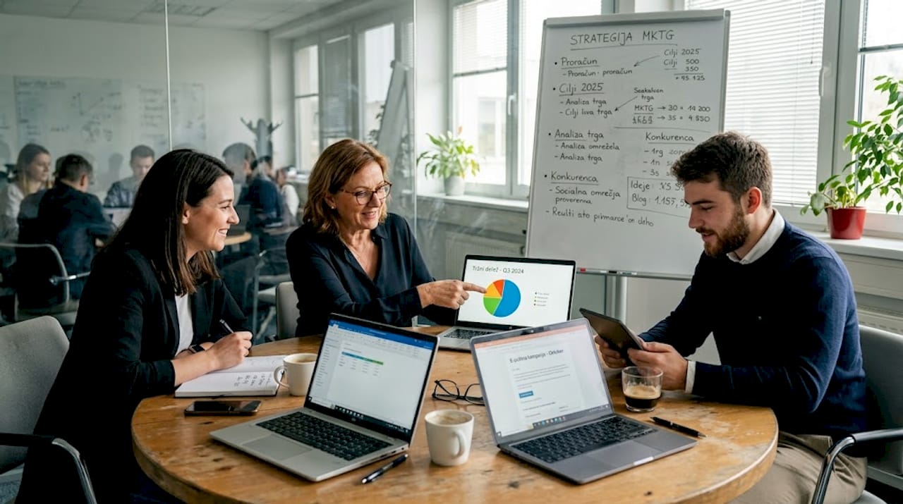 Ekipa podjetja, ki razvija programsko rešitev v oblaku, se posvetuje o novih marketinških prijemih in išče najboljše načine za uspešno promocijo svojih storitev.