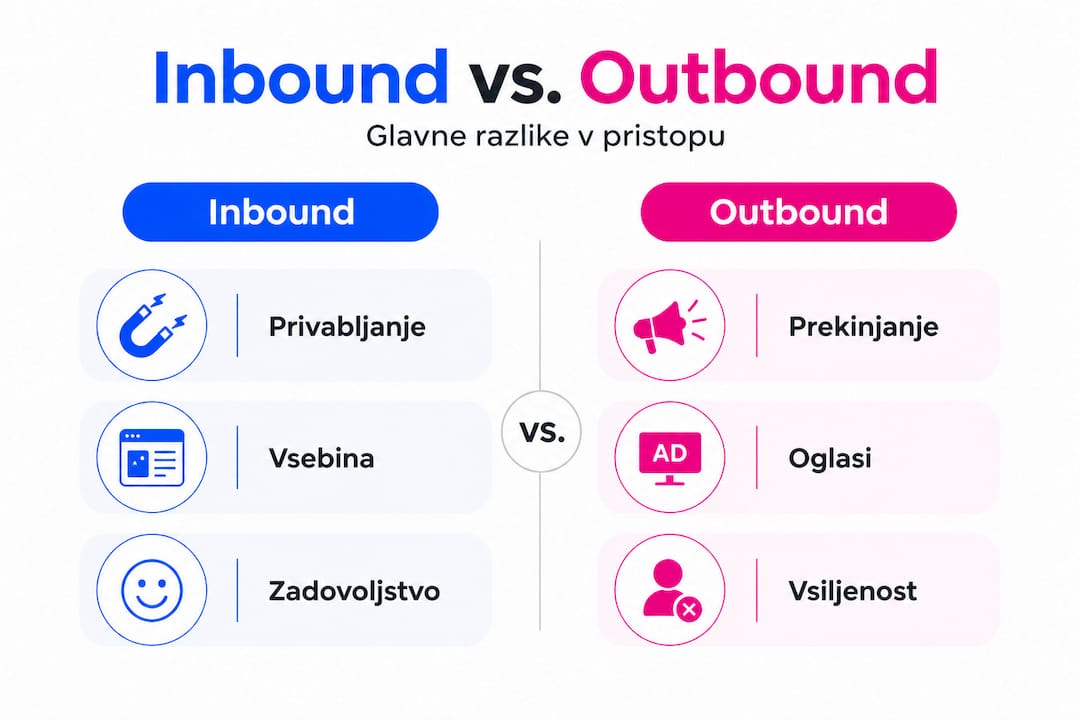Pregledna infografika, ki prikazuje glavne razlike med vhodnim in izhodnim marketingom