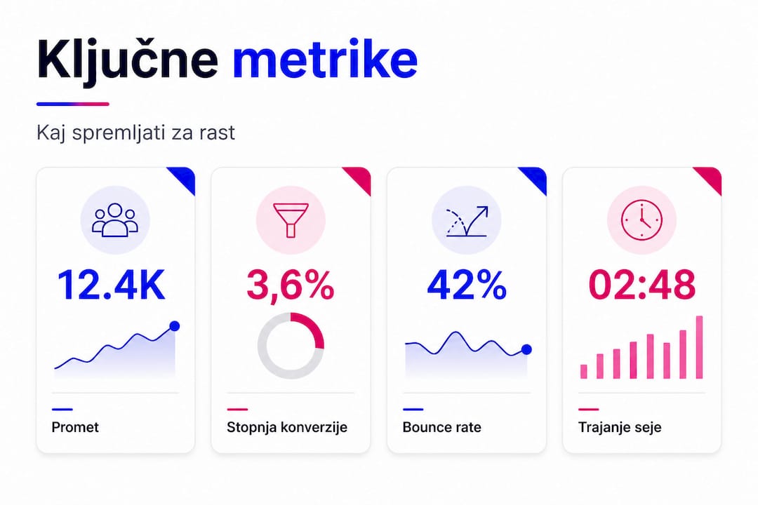 Infografika prikazuje ključne spletne kazalnike, ki vplivajo na rast strani.
