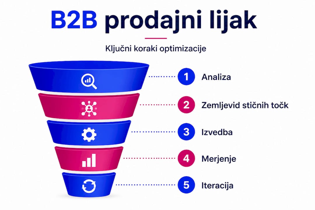 Na infografiki so prikazani ključni koraki za izboljšanje prodajnega lijaka.