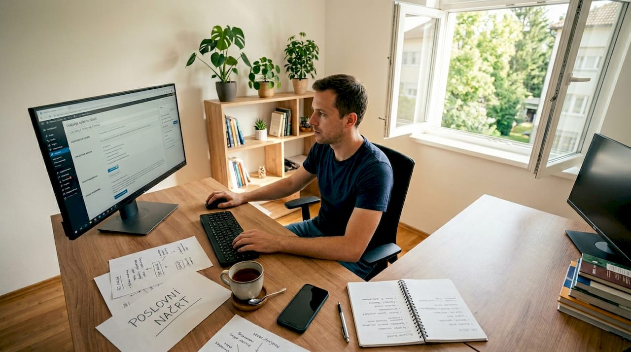 SEO specialist na računalniku v pisarni ureja in optimizira spletno stran.