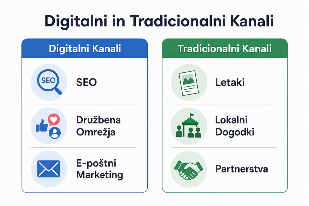 Pregled razlike med digitalnimi in klasičnimi marketinškimi kanali v infografiki
