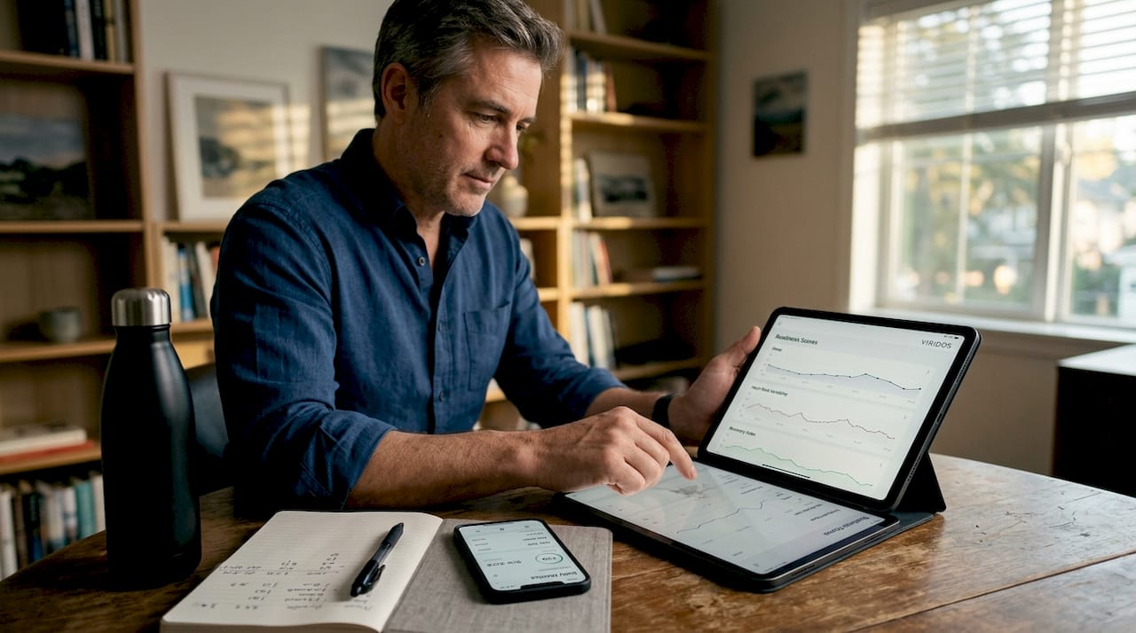Executive checks fitness metrics on tablet