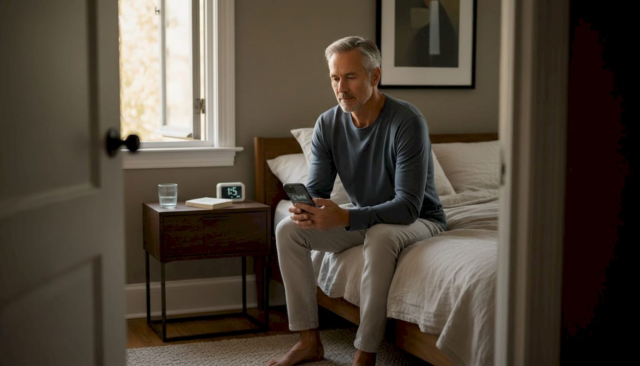 Man reviewing sleep data in bedroom