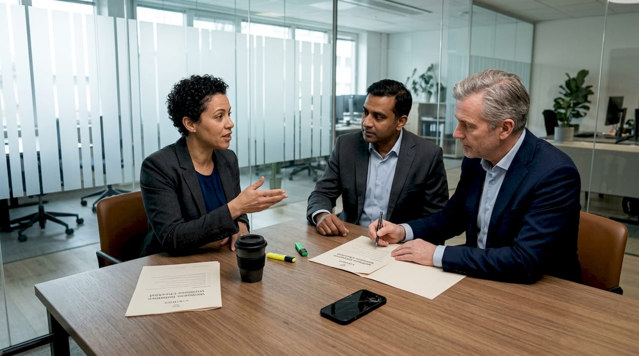 Team meeting on wellness checklist in office