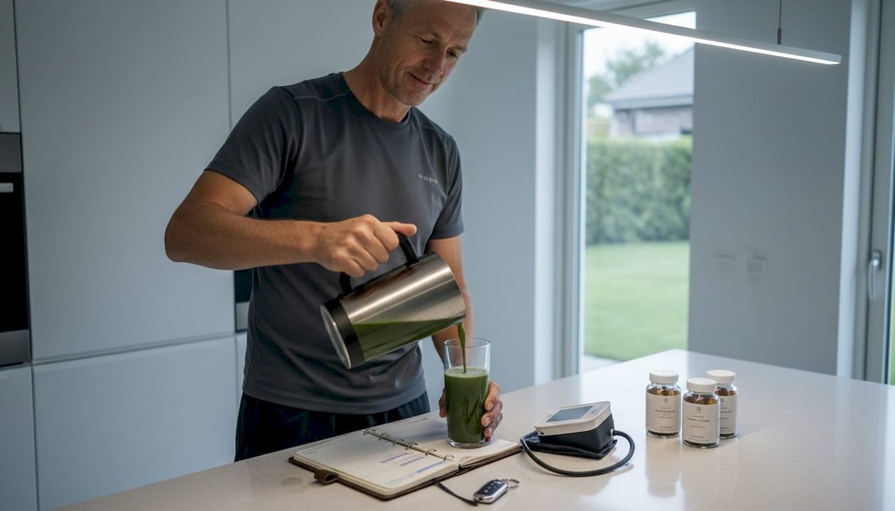 Executive doing health habit in home kitchen
