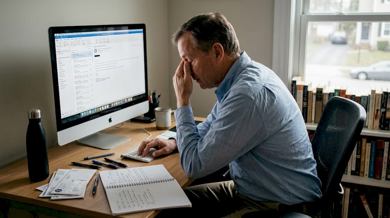 Man feeling fatigue at home office desk