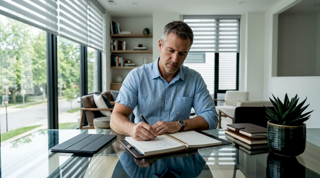 Man writing personal goals at home table