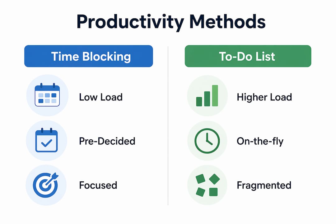 Infographic comparing time blocking vs to-do list for productivity
