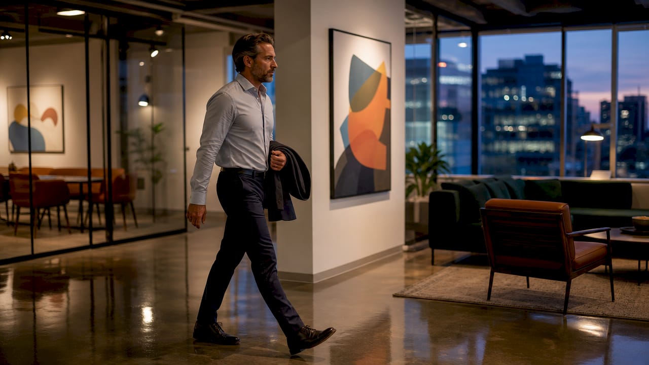 Man walking briskly in office corridor for energy