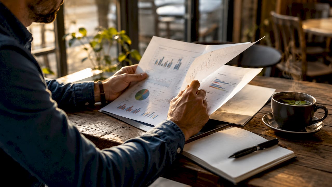 Hands navigating tablet with sustainable metrics charts