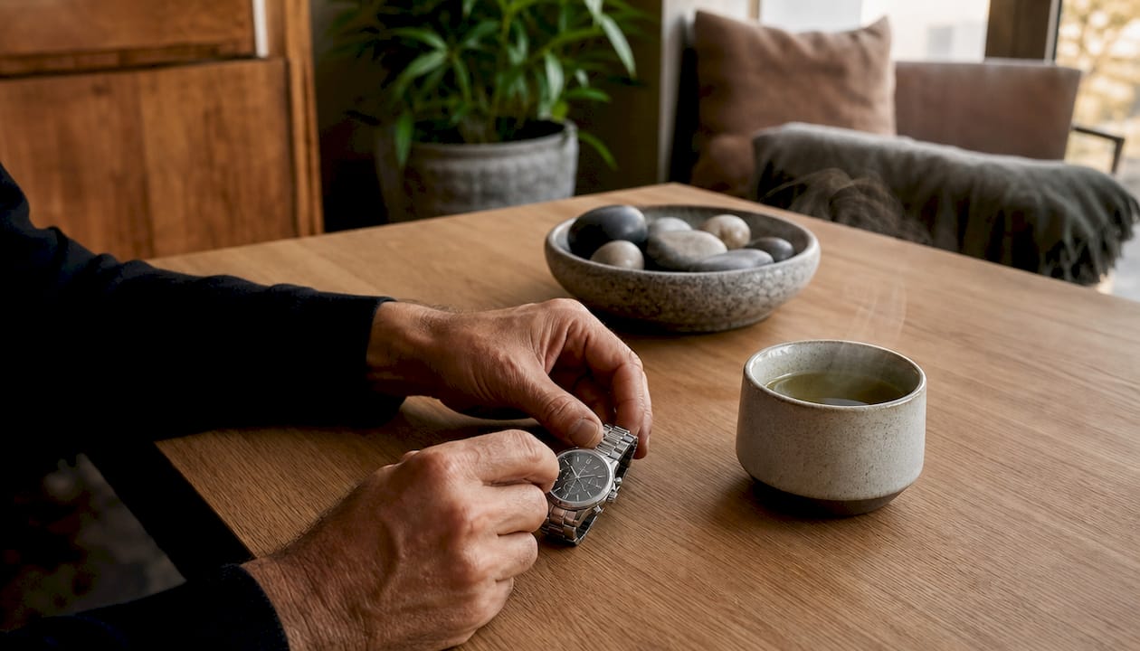 Close-up of man adjusting wristwatch and coffee cup