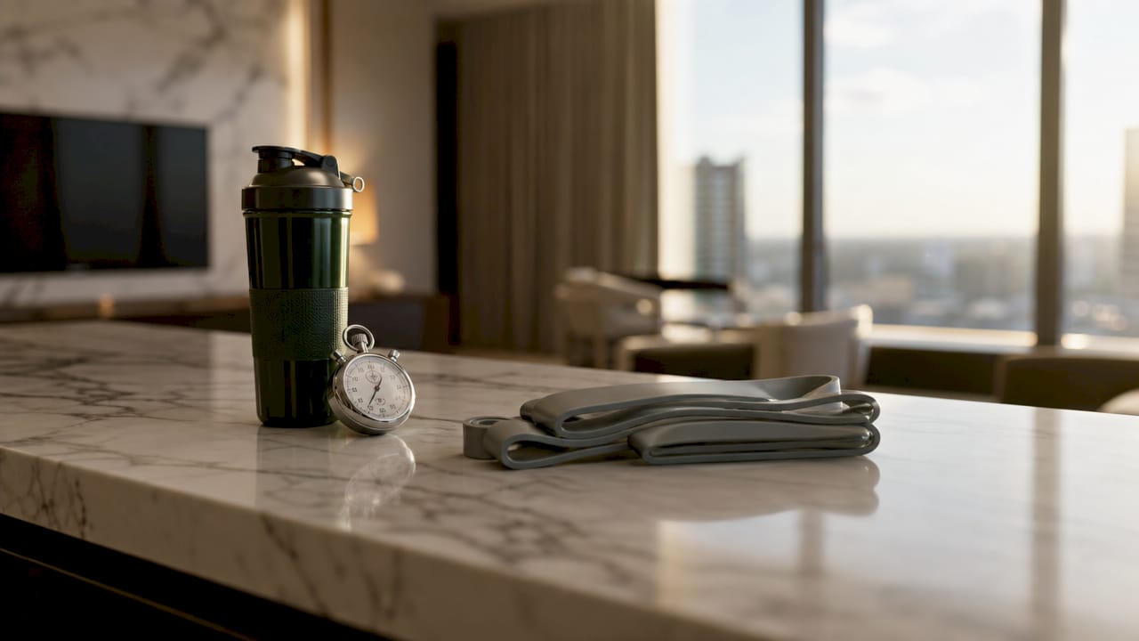 Close-up of executive fitness equipment on wood table