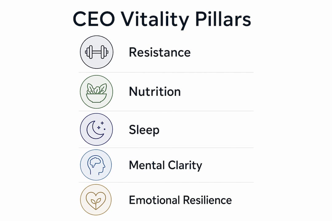 Infographic showing key CEO vitality components in vertical flow