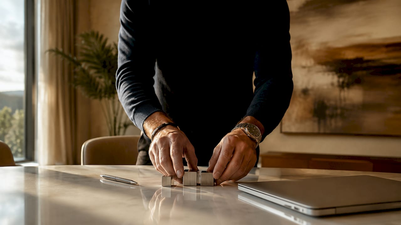 Close-up of executive hands arranging strategy cubes