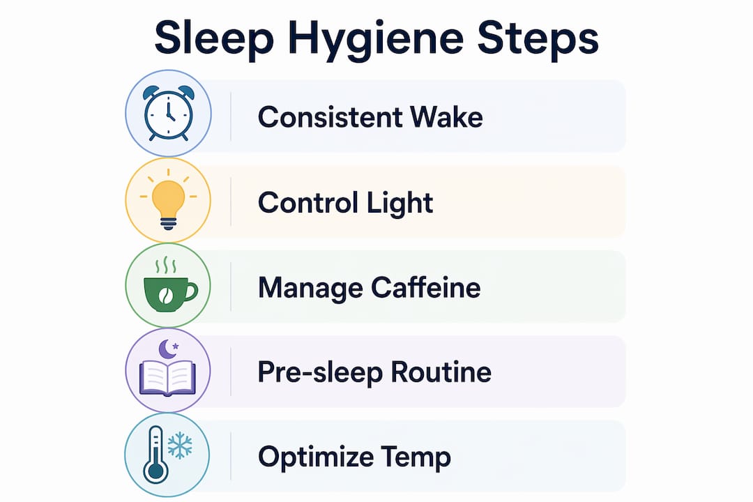 Vertical flow infographic illustrating sleep hygiene steps