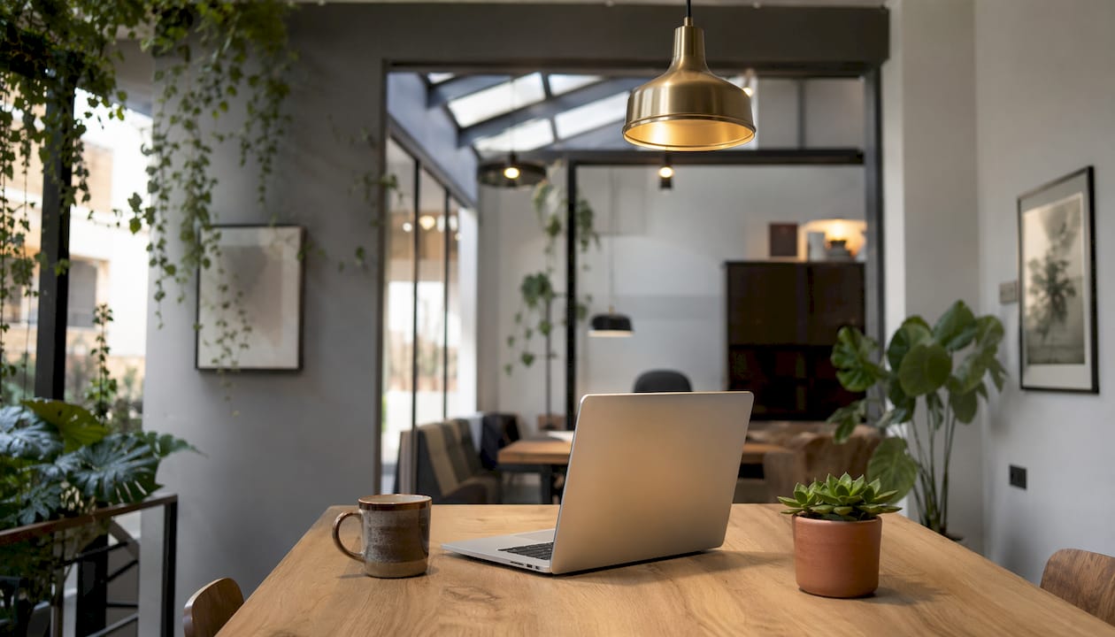 Minimalist office with energy efficient controls and decor