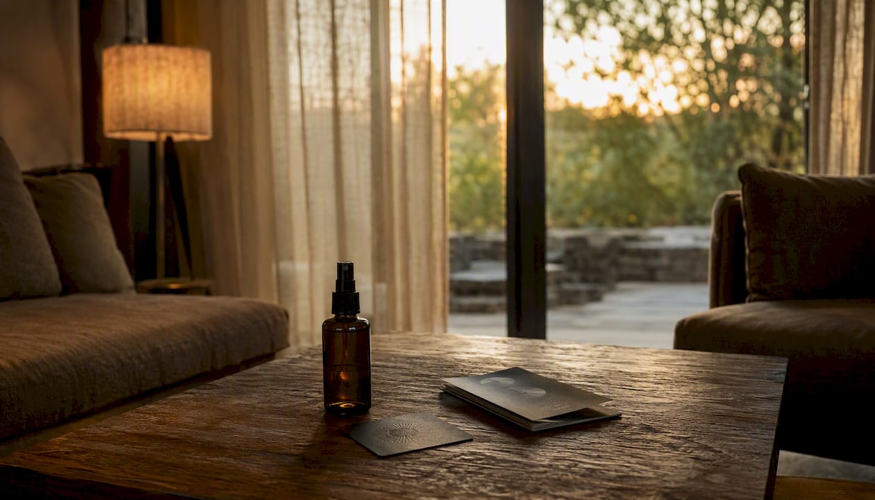 Close-up of premium supplement spray bottle and membership materials