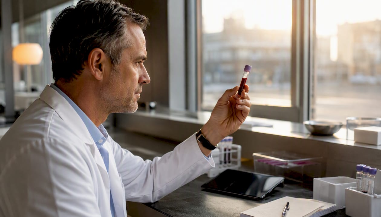 Medical professional holding testosterone blood sample