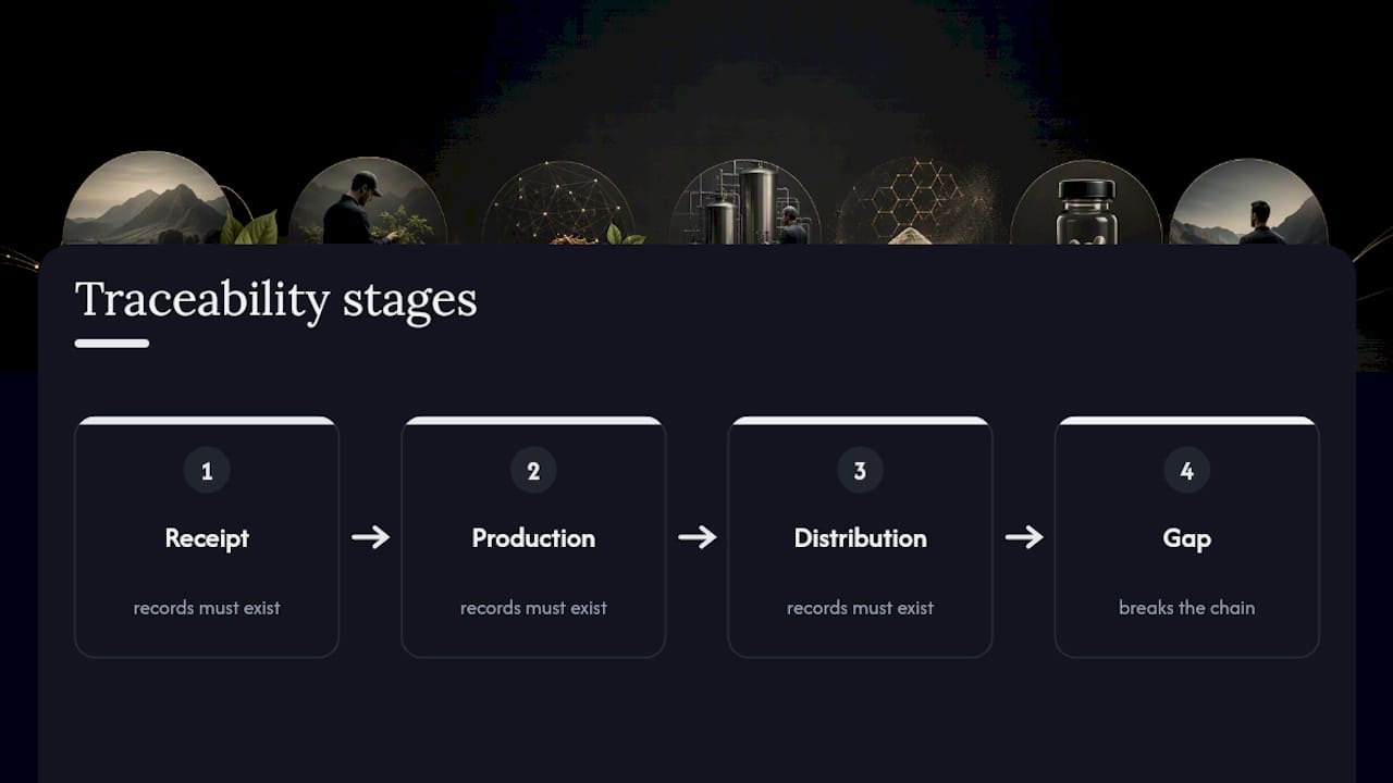 Diagram of traceability stages receipt, production, distribution