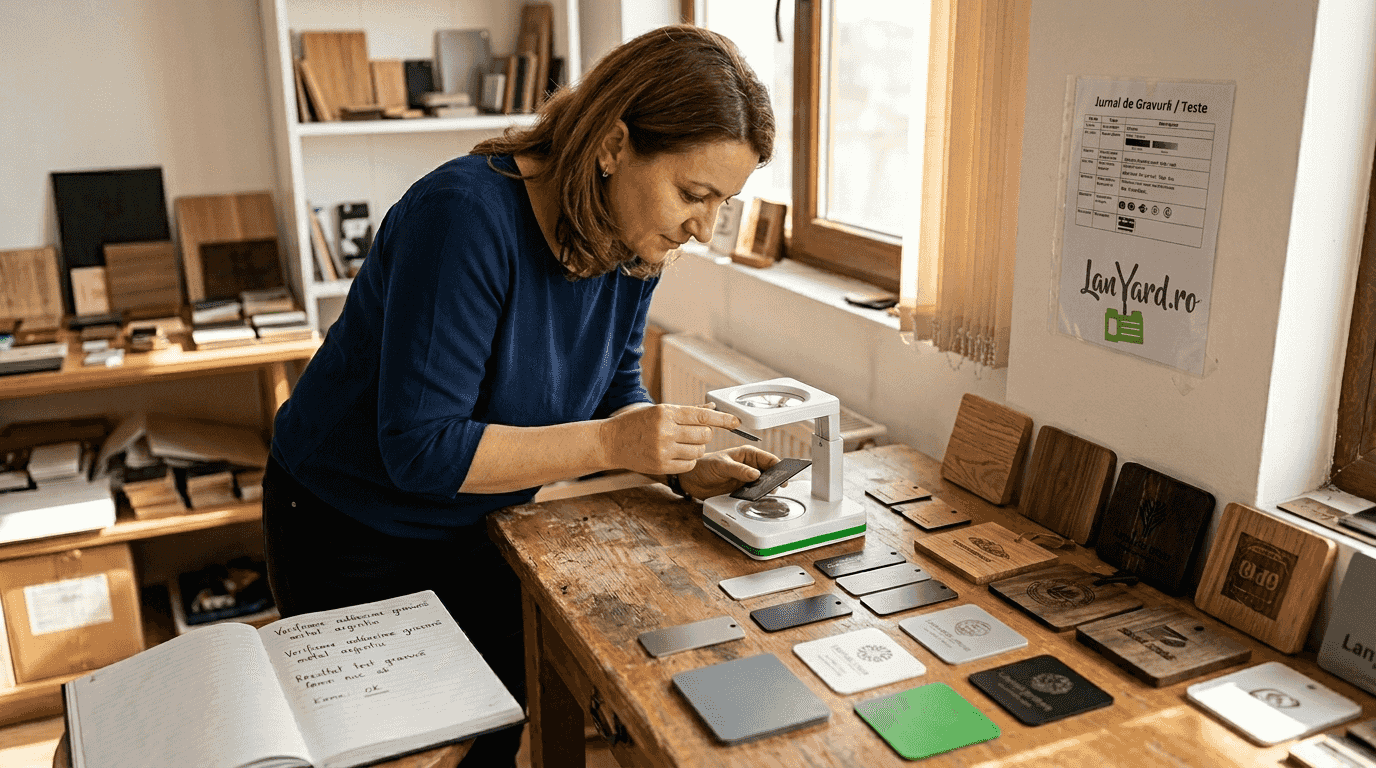 O femeie examinează diverse materiale care au fost gravate cu laserul.