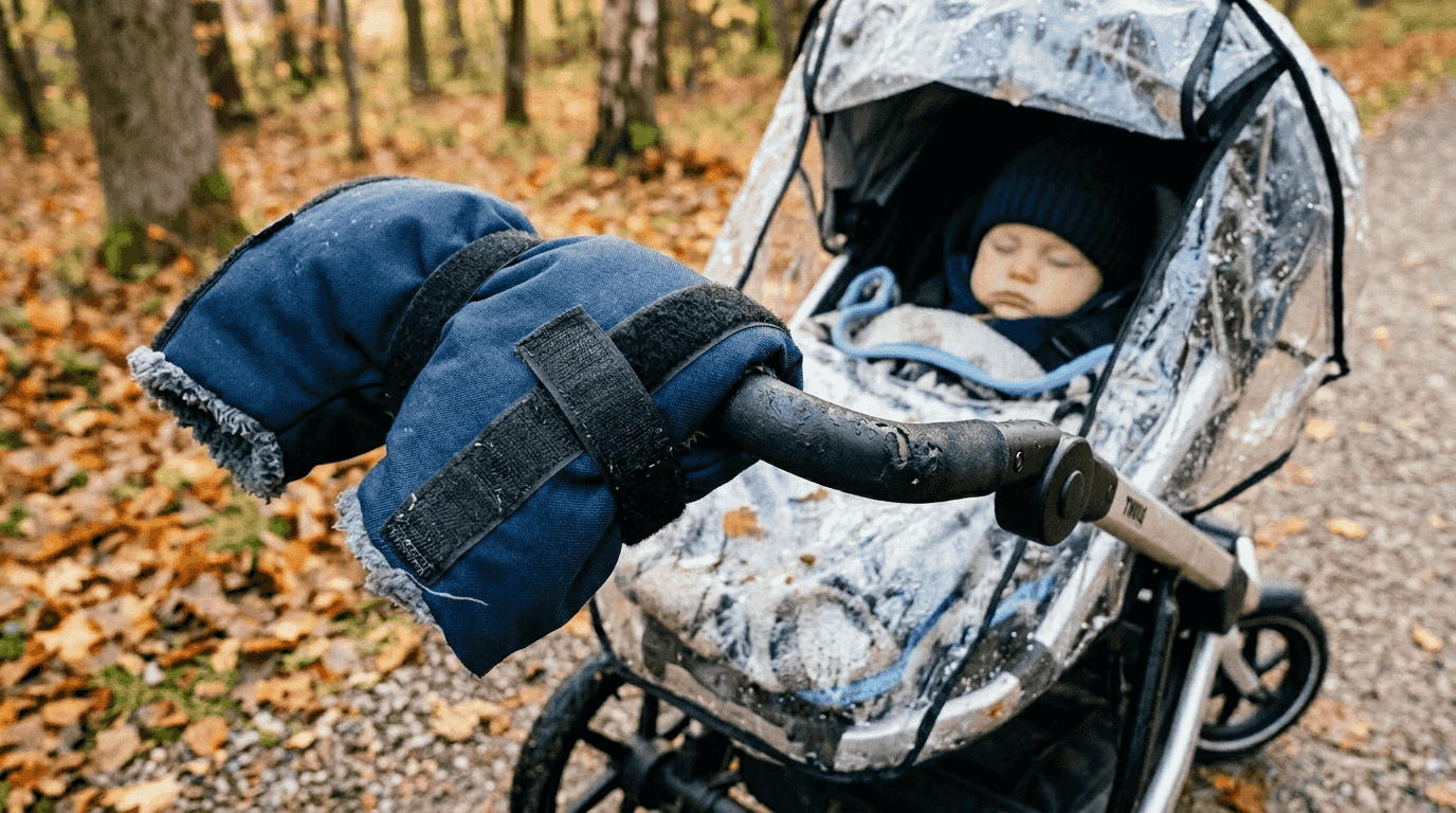Kinderwagenwarmer met stevige en veilige bevestiging, ideaal voor een comfortabele wandeling met je kleintje.