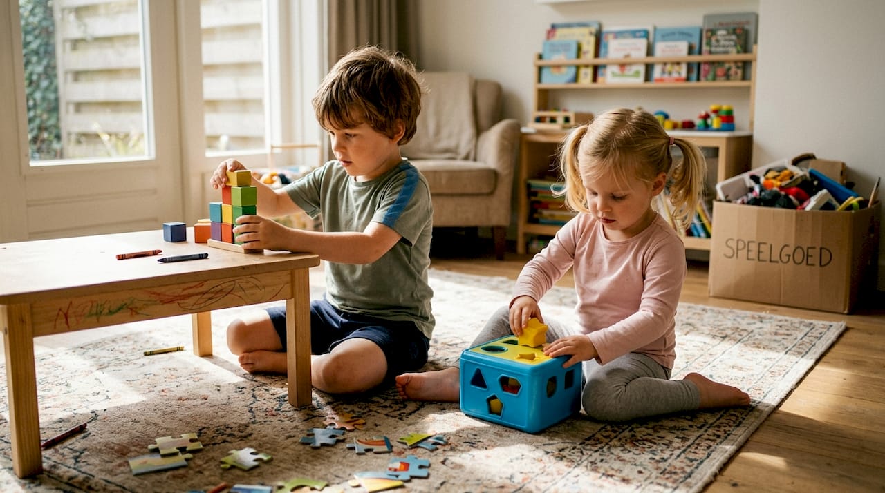 Kinderen die gezellig spelen met houten en plastic speelgoed