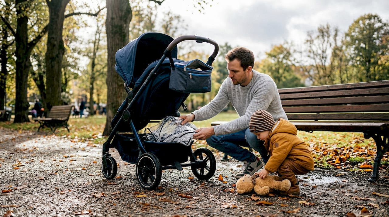 Tijdens een wandeling in het park haalt een vader de regenhoes tevoorschijn voor de kinderwagen.