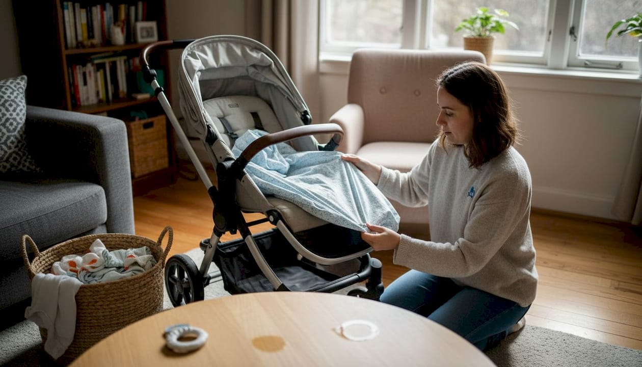 In de woonkamer is een vrouw bezig om de hoes van de kinderwagen te vervangen.