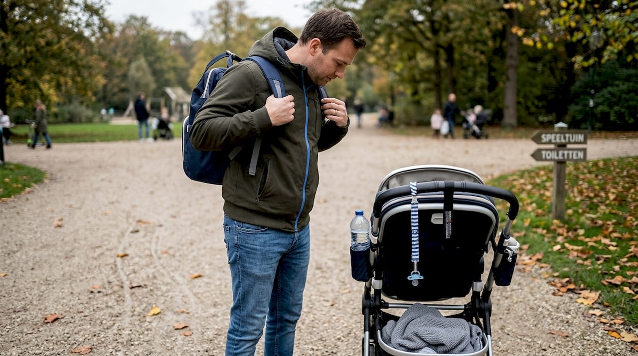 Een vader wandelt met de kinderwagen door het park, terwijl hij een babytas als rugzak draagt.