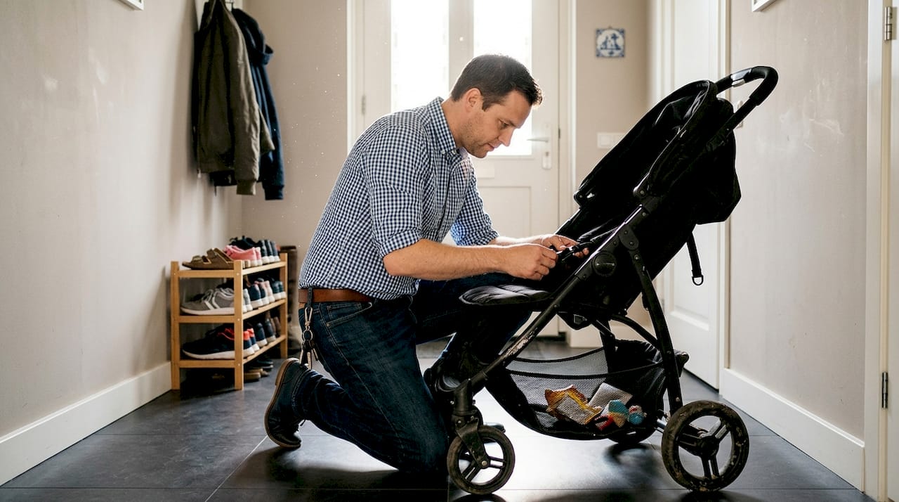 Vader kijkt thuis de veiligheidsgordel van de kinderwagen na.