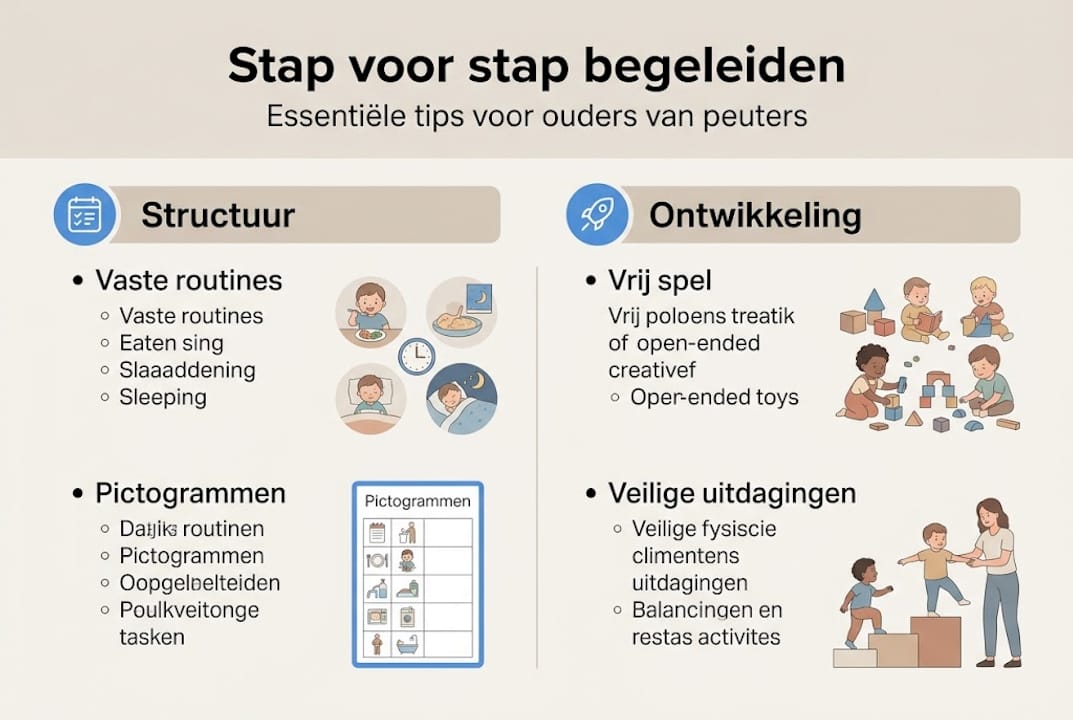 Overzichtelijke infographic met praktische stappen voor de begeleiding van peuters