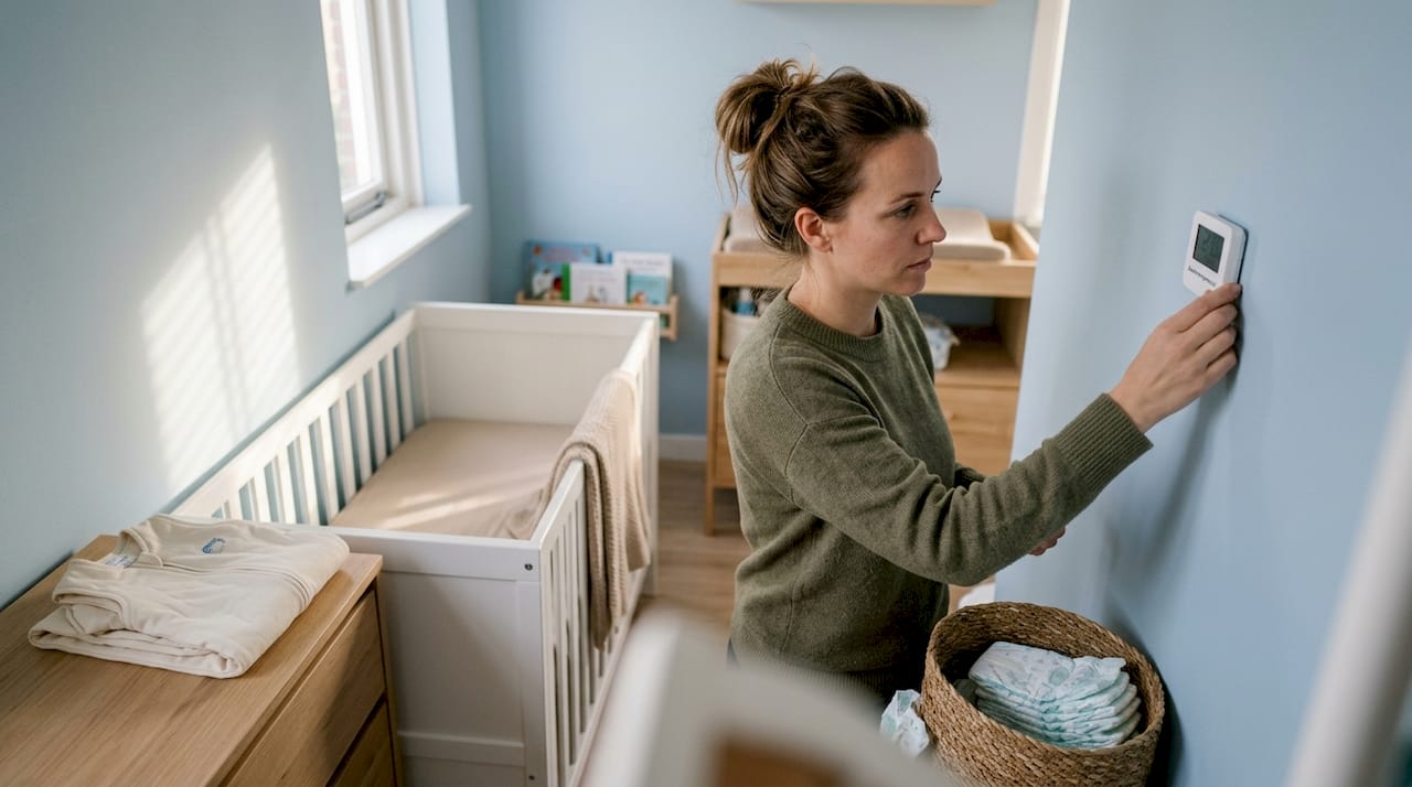 Een ouder houdt in de gaten of het niet te warm of te koud is op de babykamer.