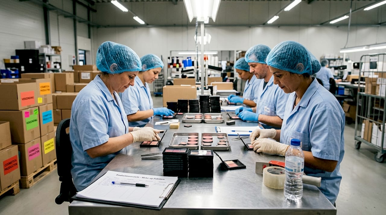 In een fabriek zitten medewerkers aan een lange werktafel zorgvuldig make-up producten in elkaar te zetten.