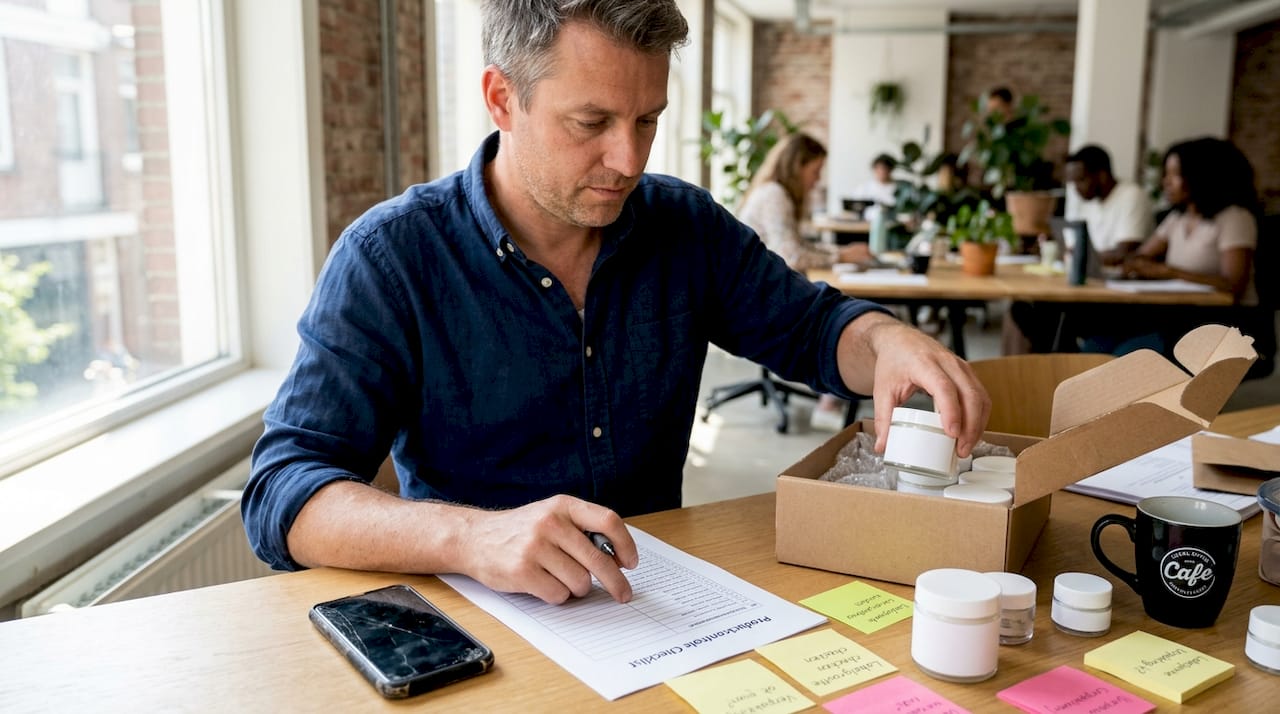 Een man neemt verschillende white label cosmetica onder de loep.