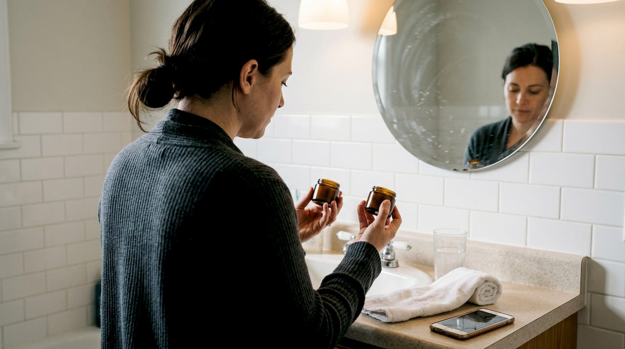 Iemand probeert twee verschillende cosmeticaproducten uit in de badkamer om te kijken welke beter werkt.