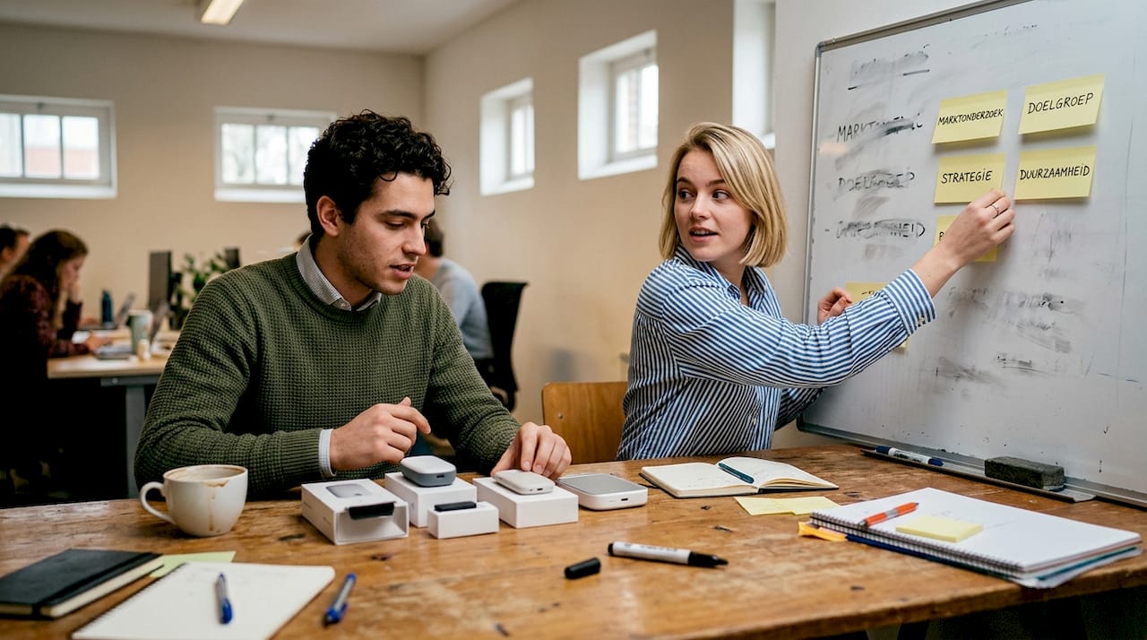Ideeën verzamelen voor een nieuw cosmetica merk: producten, concepten en aantekeningen op een rij.
