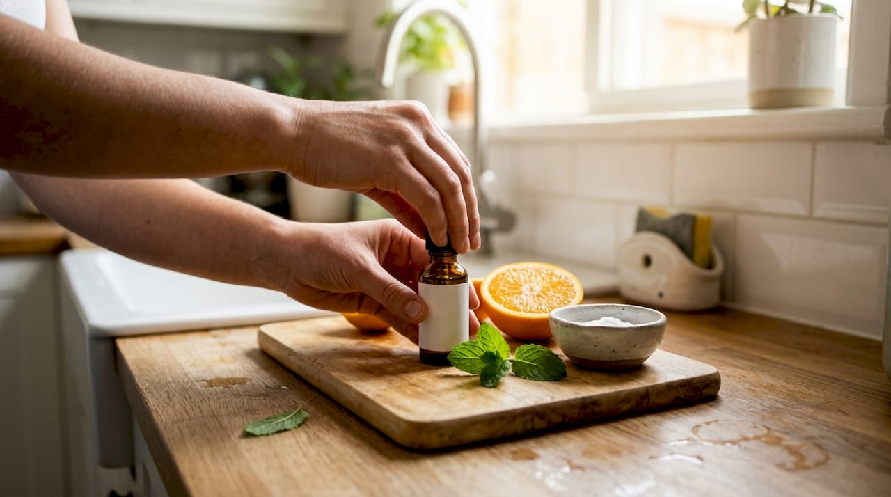 Flesje serum en pure, natuurlijke ingrediënten van dichtbij in beeld