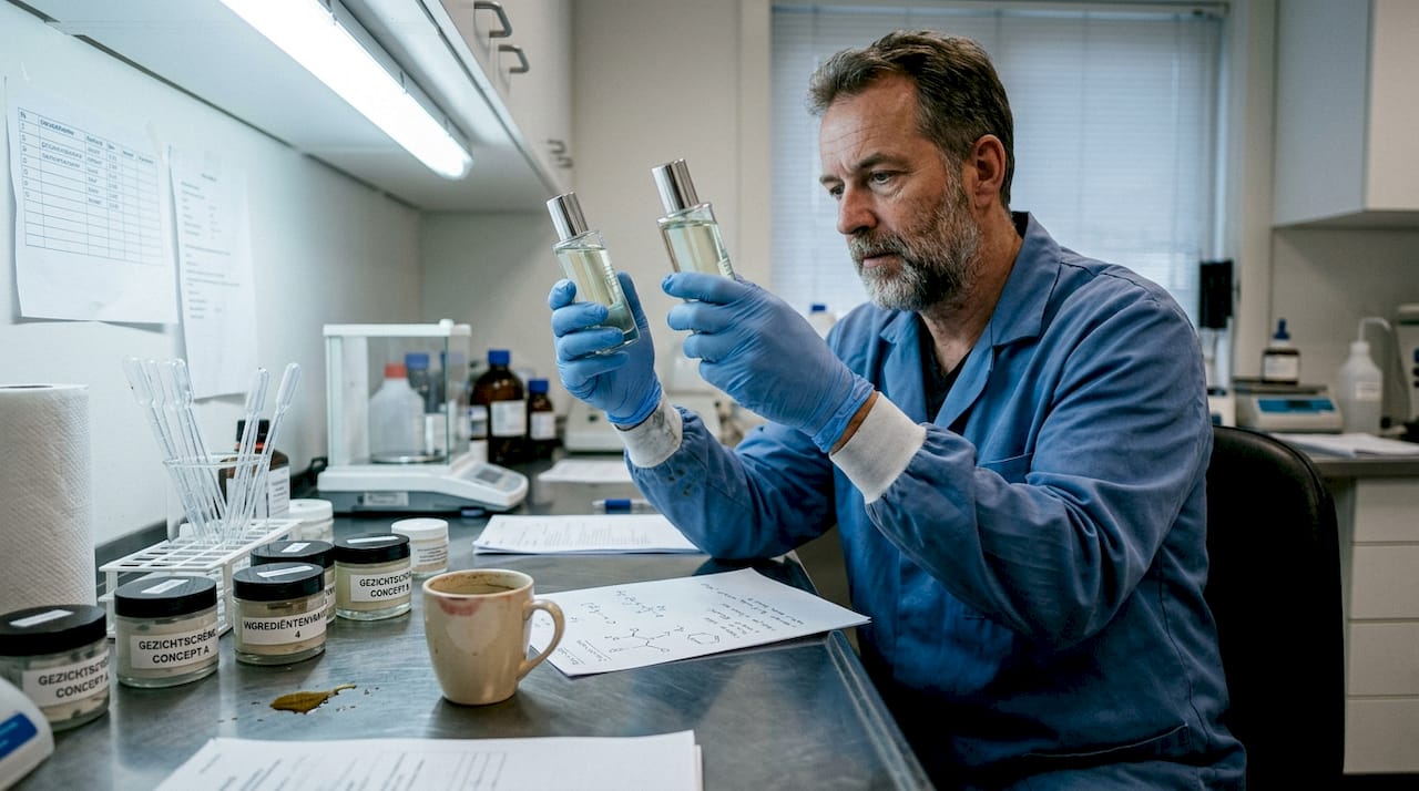 In het laboratorium onderzoekt een laborant verschillende ingrediënten die gebruikt worden in cosmetica.